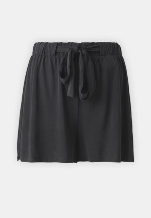 Black shorts with an elastic waistband and front tie detail. Made of soft fabric, featuring a loose fit and smooth texture.