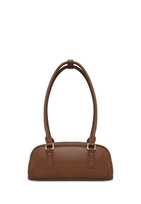 Braune Lederhandtasche mit glatter Textur, abgerundeter, strukturierter Form, zwei oberen Griffen und goldfarbenen Hardware-Akzenten.