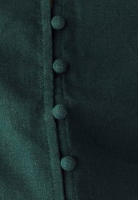 Zelená tkanina s hladkým povrchem, která má podél okraje rovnoměrně rozmístěné kulaté texturované knoflíky. Jednoduchý design bez dalších vzorů.