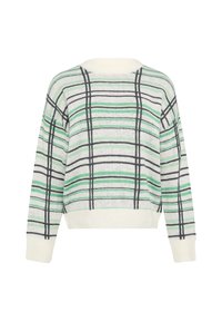Strickpullover mit einem grün-schwarzen karierten Muster auf weißem Hintergrund, in lockerer Passform und mit gerippten Bündchen und Saum.