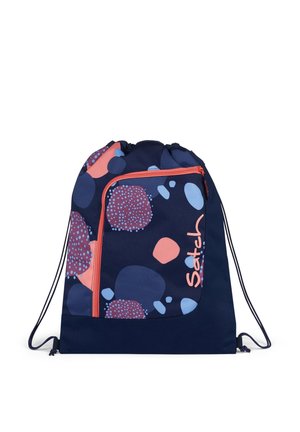 Navy blue drawstring backpack with pink and light blue abstract shapes, front zipper pocket, and "Satch" logo in pink on the side.