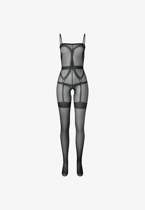 Schwarzer transparenter Bodysuit mit verstellbaren Trägern, geometrischen Ausschnitten, thy-hohen Beinen und offener Schrittöffnung. Glatte Textur über die gesamte Fläche.