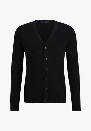 Schwarze V-Ausschnitt-Strickjacke aus weichem Material, mit einer sechs Knopf-Front, langen Ärmeln und gerippten Bündchen und Saum.