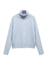Helles blaues geripptes Rollkragensweatshirt mit langen Ärmeln und lockerer Passform. Die Textur ist weich und hat einen hohen, umgeschlagenen Kragen.
