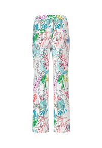 Blumenmuster-Hose in Weiß mit bunten Blättern und Blumen in Blau, Pink, Grün und Rot. Gerade Passform mit Gesäßtaschen.