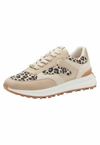 Beiga träningsskor med leopardsmönstrade detaljer, med en dämpad sula, rund tå och platta snören. Stilren design med texturerade material.