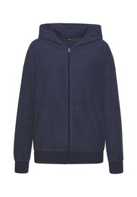 Navyblaue Kapuzenjacke aus weichem Stoff, mit einem durchgehenden Reißverschluss, seitlichen Taschen sowie gerippten Bündchen und Saum. Die Kapuze ist nahtlos angebracht.