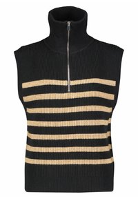 Ärmlös svart stickad tröja med hög krage och halvlång dragkedja, prydd med horisontella krämfärgade ränder över bröstet.