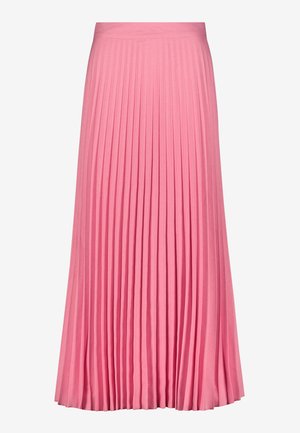 Roze geplooide midi-rok met een aansluitende tailleband, die gelijkmatig uitloopt tot aan de zoom.