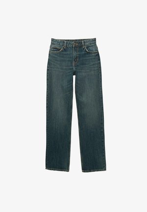 Niebieskie dżinsy o prostym kroju, z pięcioma kieszeniami i złotymi detalami szycia. Tkanina ma subtelnie wygładzoną teksturę.