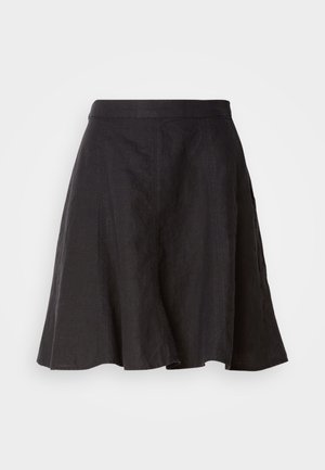 Gonna nera in lino con un design svasato, dotata di una vita e cuciture. Il tessuto ha una finitura leggermente strutturata e arriva fino al ginocchio.