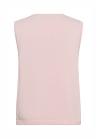 Débardeur sans manches en tissu rose doux. Présente un col rond et un ourlet côtelé. Texture lisse sans motifs visibles ni détails en métal.