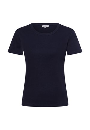 Navyblaues T-Shirt mit kurzen Ärmeln aus weicher Baumwolle. Besitzt einen runden Halsausschnitt und eine taillierte Form mit geradem Saum an der Taille.