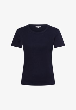 Navy blue short-sleeve t-shirt made of soft cotton. Features a round neckline and a fitted shape with straight hem at the waist.