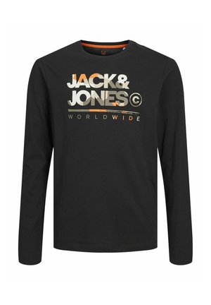 Crna majica dugih rukava od pamuka s natpisom "JACK & JONES WORLDWIDE" otisnutim u kontrastnim bojama i stilovima na prednjoj strani.