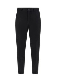 Pantaloni neri con un design slim fit, dotati di chiusura frontale con bottone, passanti per cintura e senza motivi o accenti visibili. Tessuto texturizzato.