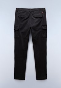 Czarne spodnie cargo wykonane z bawełny, z dwoma kieszeniami bocznymi, dwoma kieszeniami z tyłu oraz prostym krojem nogawek. Gładka faktura z minimalną ilością szwów.