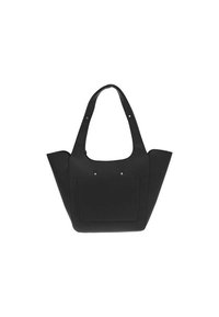 Borsa a tracolla nera con un'esterno testurizzato, dotata di due manici, un'ampia apertura e una tasca frontale. Gli accessori includono due piccole borchie d'argento.
