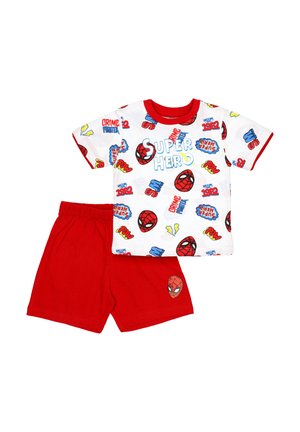 Child's two-piece outfit with a white "Super Hero" t-shirt featuring red Spider-Man masks and red shorts with a Spider-Man mask logo.
