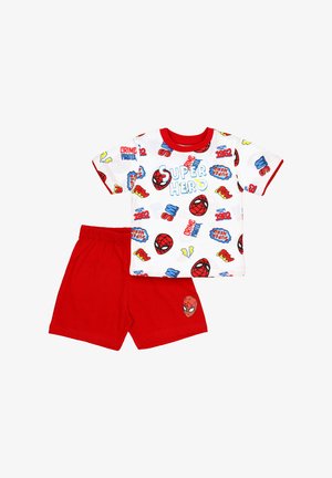 Zweiteiliges Kinderoutfit mit einem weißen T-Shirt "Superheld", das rote Spider-Man-Masken zeigt, und roten Shorts mit einem Spider-Man-Maskenlogo.