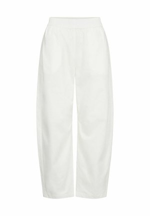 Weiße, locker sitzende Hose mit einem elastischen Bund und geraden Beinen, vor einem einfarbigen Hintergrund präsentiert.
