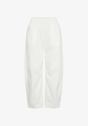 Pantalon blanc ample avec une taille élastique et des jambes droites, présenté sur un fond uni.