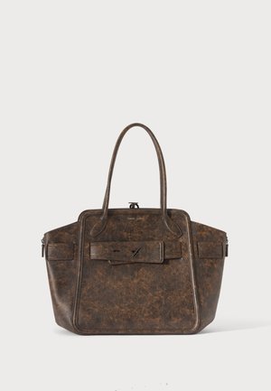 Dark brown textured leather handbag with two handles, front flap pocket, and structured rectangular shape on a plain light background.