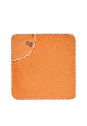 Orange baby towel with striped edges and a corner hood featuring a small brown teddy bear embroidery.