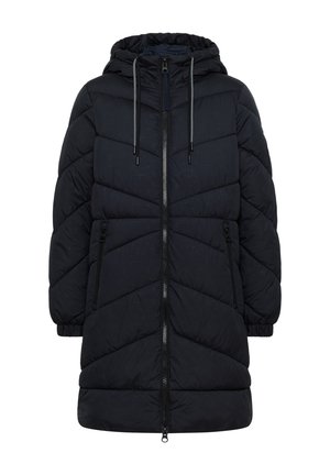 Giacca trapuntata nera con cappuccio, dotata di zip frontale, polsini elastici e motivo a chevron per isolamento e texture.