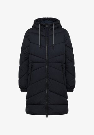 Giacca trapuntata nera con cappuccio, dotata di zip frontale, polsini elastici e motivo a chevron per isolamento e texture.