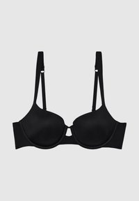Reggiseno imbottito nero con spalline regolabili, tessuto morbido e un dettaglio a occhiello al centro. Caratterizzato da un design senza cuciture e supporto con ferretto.