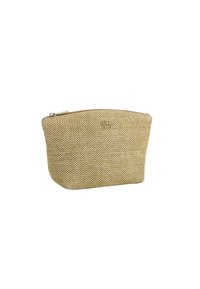 Pochette cosmetica beige strutturata con un motivo a zigzag, bordi arrotondati e una cerniera dorata. Presenta un logo in rilievo discreto sul davanti.