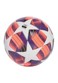 Witte voetbal met paarse en oranje geometrische patronen, uitgerust met een FIFA kwaliteitslabel en een gladde, textuurrijke oppervlakte.