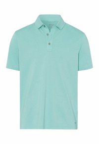 Polo a maniche corte di un leggero colore turchese, realizzato in tessuto morbido. Presenta una chiusura a tre bottoni e un colletto classico per un look casual.