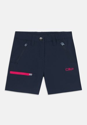Shorts outdoor bleu marine avec trois poches zippées, passants de ceinture, fermeture par bouton métallique et logo CMP rouge sur la jambe droite.