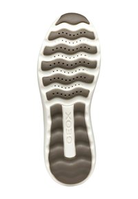 Semelle de chaussure avec un design ondulé, présentant des motifs gris et des trous de ventilation. Le matériau est en caoutchouc, avec une bordure blanche et une surface texturée.