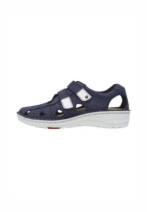 Navy blue men's sandal with white adjustable straps, breathable cutouts, cushioned sole, and open heel for comfort and support.
