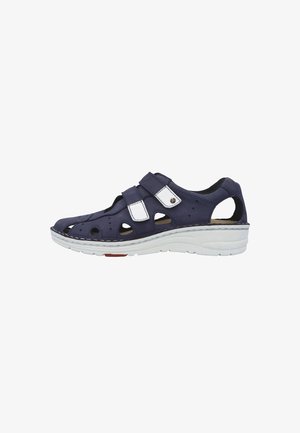 Navy blue men's sandal with white adjustable straps, breathable cutouts, cushioned sole, and open heel for comfort and support.