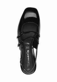 Chaussure Mary Jane femme en cuir verni noir avec deux brides à boucle, bout carré et talon ouvert, taille 37.