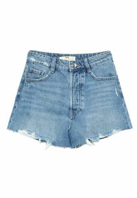 Vaaleansiniset farkkushortsit, joissa on kulutettu pinta, korkea vyötärö, revityt helma ja perinteinen viiden taskun muotoilu.