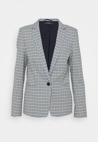 Kostkovaný blazer v béžové, modré a černé barvě. Má zapínání na jeden knoflík, dvě přední kapsy a klopový design.