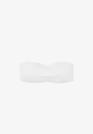 Top bandeau bianco senza cuciture, realizzato in tessuto liscio, con una forma arrotondata e senza bretelle o decorazioni, ideale per essere sovrapposto.