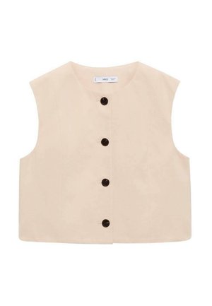 Beżowy bezrękawnik z okrągłym dekoltem, z przodem na guziki z sześcioma czarnymi guzikami oraz gładką bawełnianą fakturą.