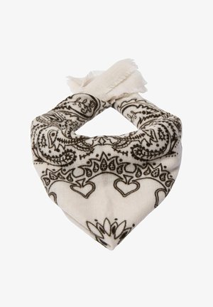 Sciarpa di tessuto bianco piegata a triangolo con motivi paisley neri e floreali, legata in alto con estremità con frange visibili.