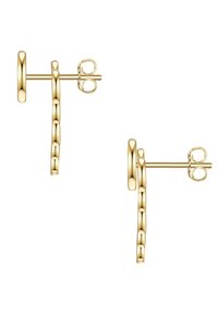 Zlato-tonirane uhane, ki imajo obliko verige z vitko in podolgovato obliko. Tekstura povečuje vizualno zanimivost.