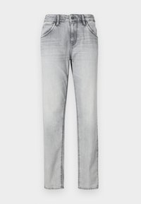 Jeans in denim grigio con taglio classico, dotati di chiusura con bottone, cinque tasche e una leggera scoloritura per texture. Design a gamba dritta.