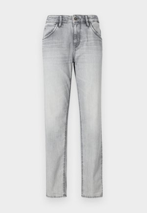 Jeans de ganga cinza com um corte clássico, apresentando um fecho de botão, cinco bolsos e um desvanecimento subtil para textura. Design de perna reta.
