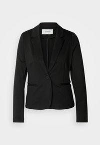 Černý přizpůsobený blejzr s jedním knoflíkem a klopovými límci, se bočními kapsami. Vyrobeno z hladkého materiálu s elegantním povrchem.