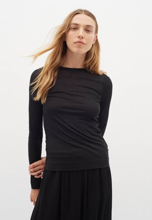 Black long-sleeved top made of a smooth, stretchy fabric; fitted design with a crew neckline and side seams.
