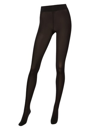 Collant neri opachi con una texture liscia e una fascia morbida e ampia. Il design è senza cuciture, coprendo completamente le gambe senza motivi.